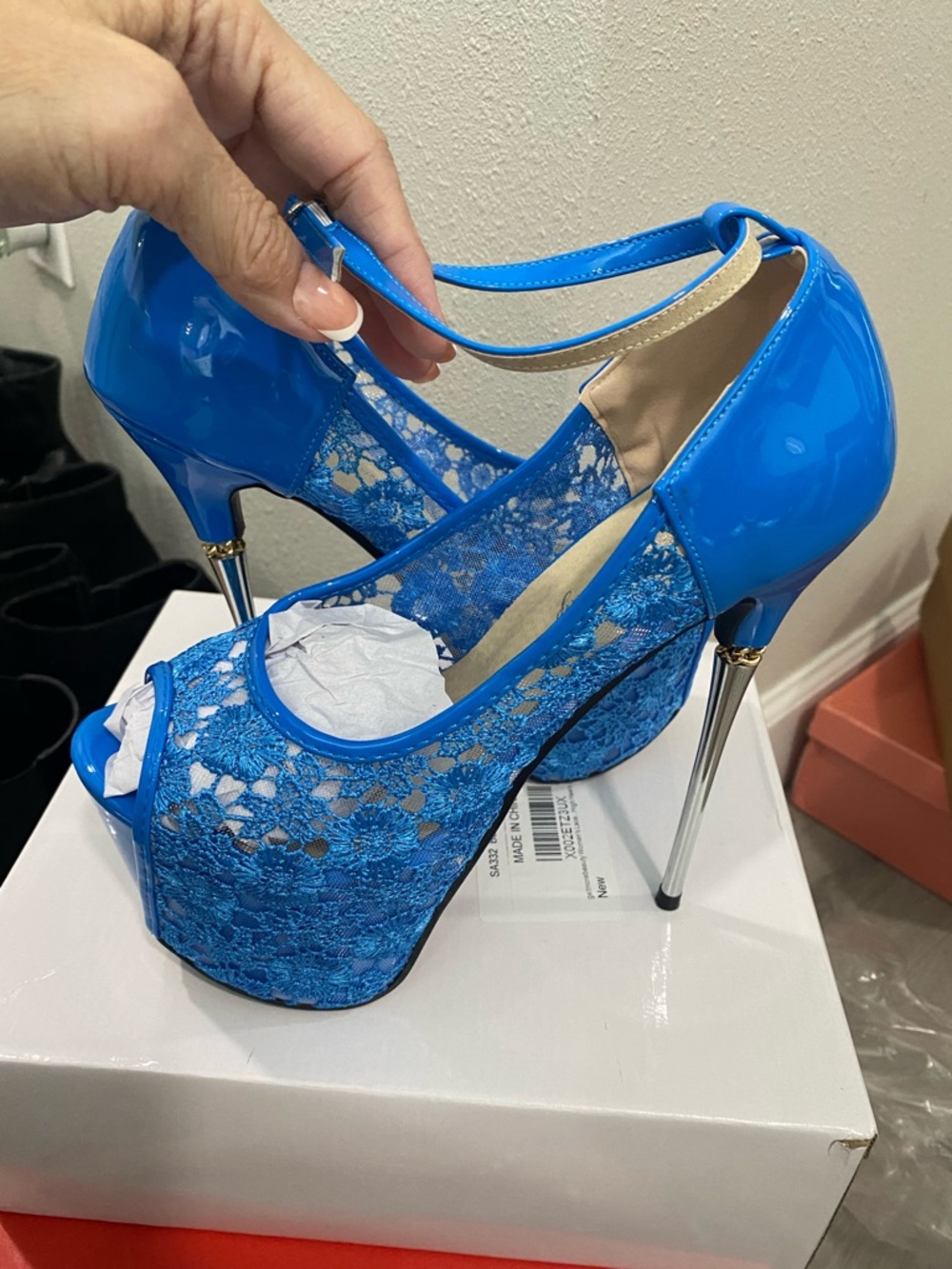Blue Lace & Patent Platform Stiletto Heels with Ankle Strap